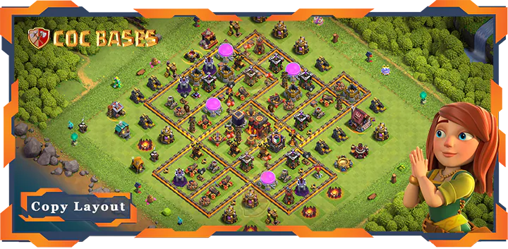 Top Base TH10 with Link, Anti Air/Dragon, Defense, Anti 3 Star Layout – Clash of Clans (440)